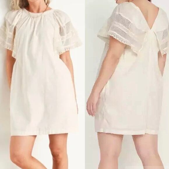 Old Navy Flutter Sleeve Shift Dress M Cream Lace Summer Coastal Cottage Coquette - Picture 2 of 15
